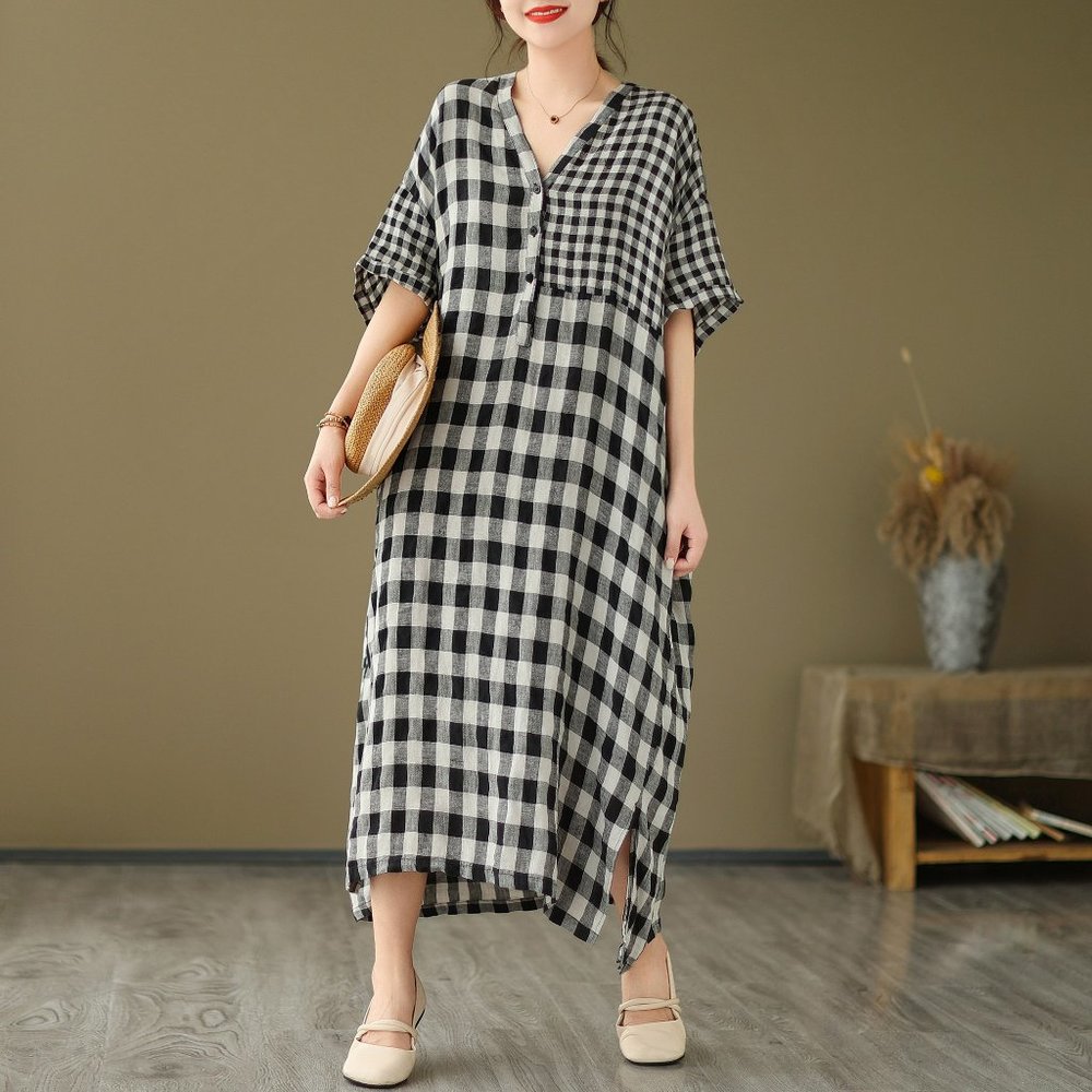 Linen Midi Dress for Women Summer, Plaid Midi Dress Women, Midi Dress with Half